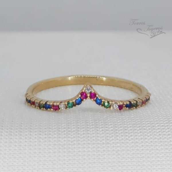 Anillo tiara en v oro amarillo con circones de colores